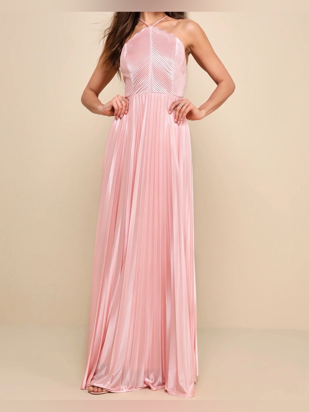 Lulu's Blush Pink Pleated Halter Maxi Dress
